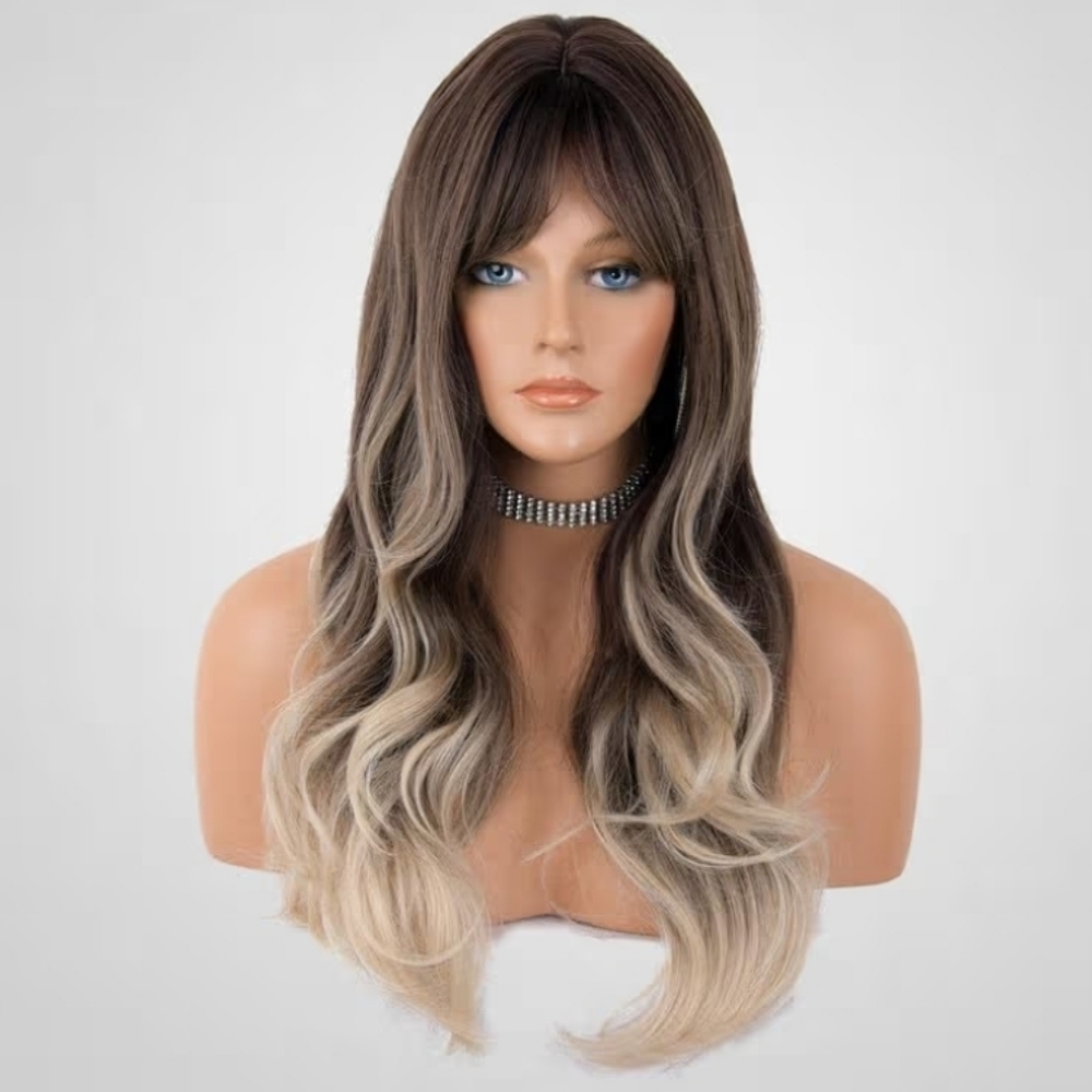 Ombre Brown to Blonde Synthetic Wigs with Bangs